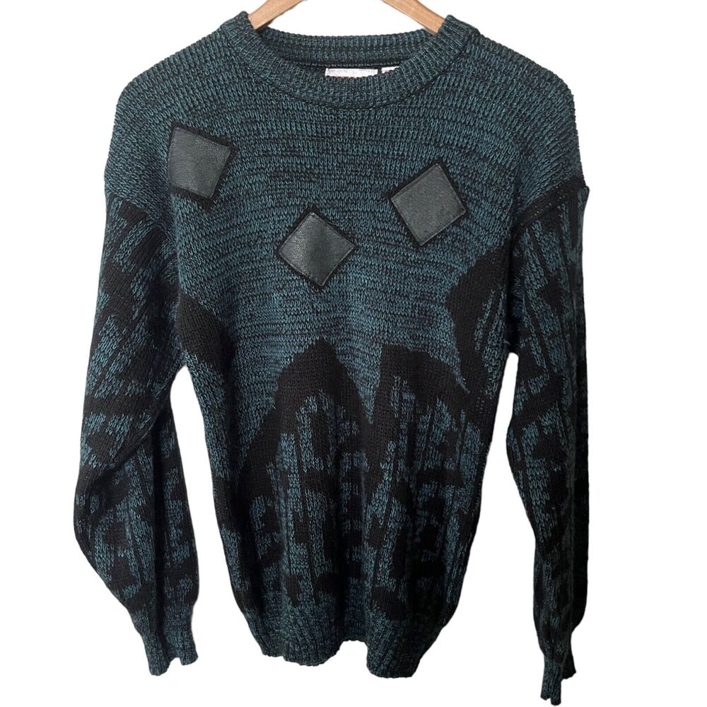 VTG Campus 80s 90s Sweater Pullover Mens Blue Black Acrylic Leather Abstract S